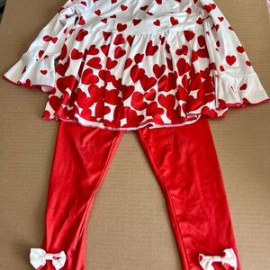 Red Heart Print Long Sleeve Top with Leggings with Bows 4t Fit